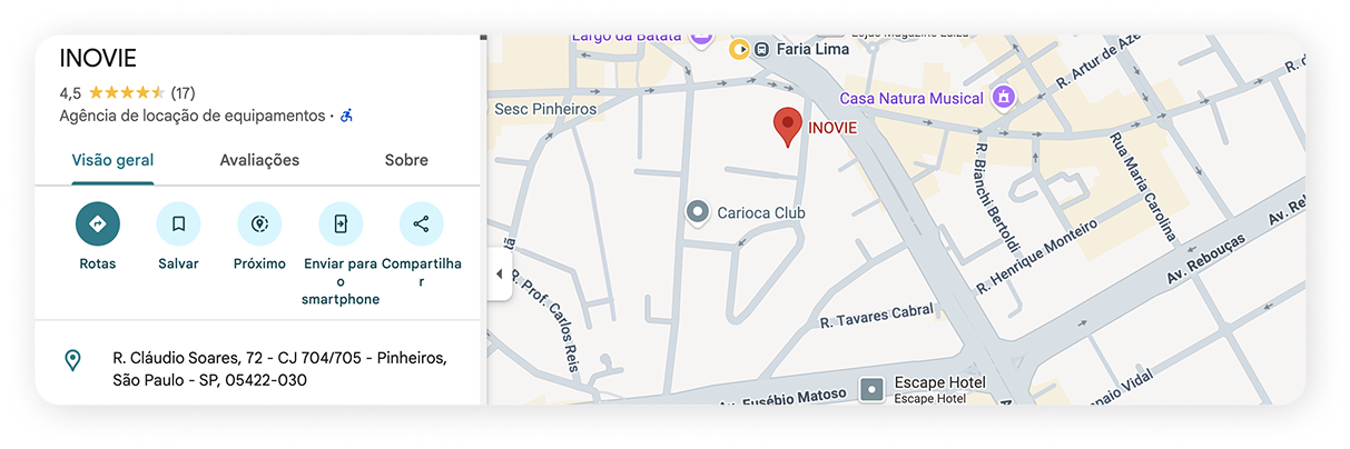 Localização da Inovie em Pinheiros, São Paulo, apresentada no Google Maps.