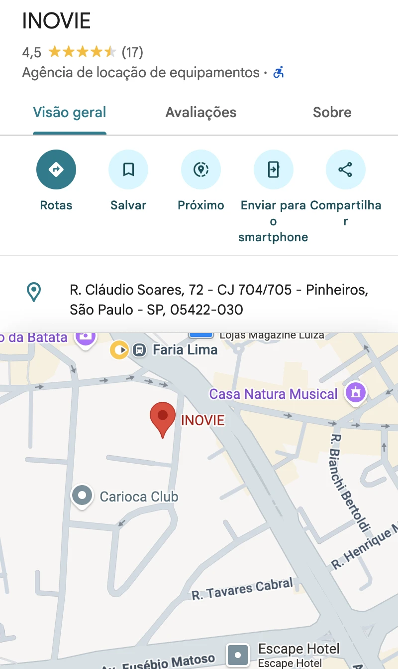 Localização da Inovie em Pinheiros, São Paulo, apresentada no Google Maps.